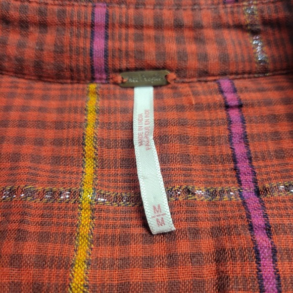 Free People Break My Stride Semi Sheer Button Down Top Sherry Combo Red Medium - Picture 4 of 9